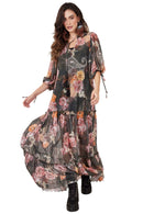 Vestido Longo De Tule Verde Escuro Estampa Cashmere Yacamim E14