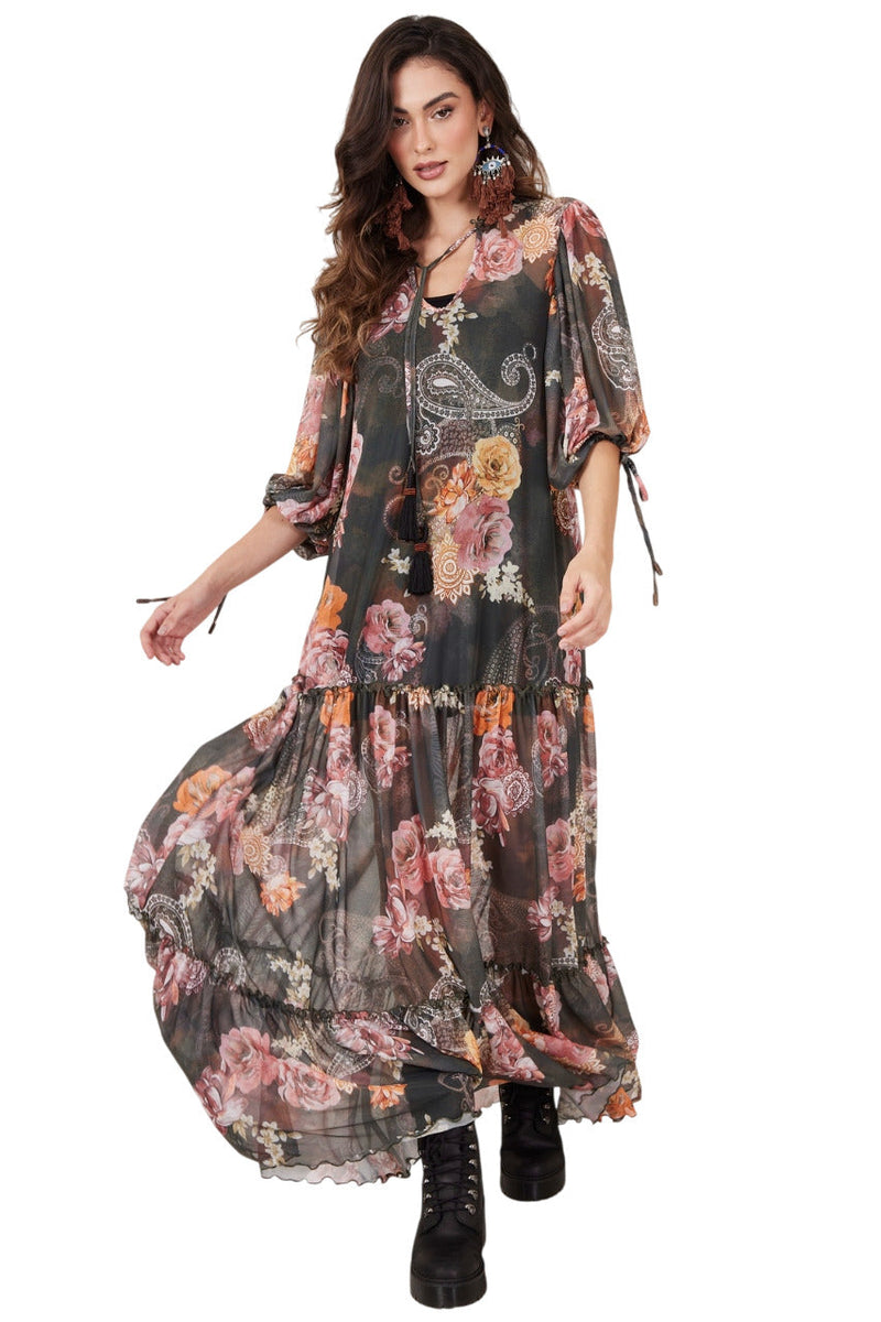 Vestido Longo De Tule Verde Escuro Estampa Cashmere Yacamim E14