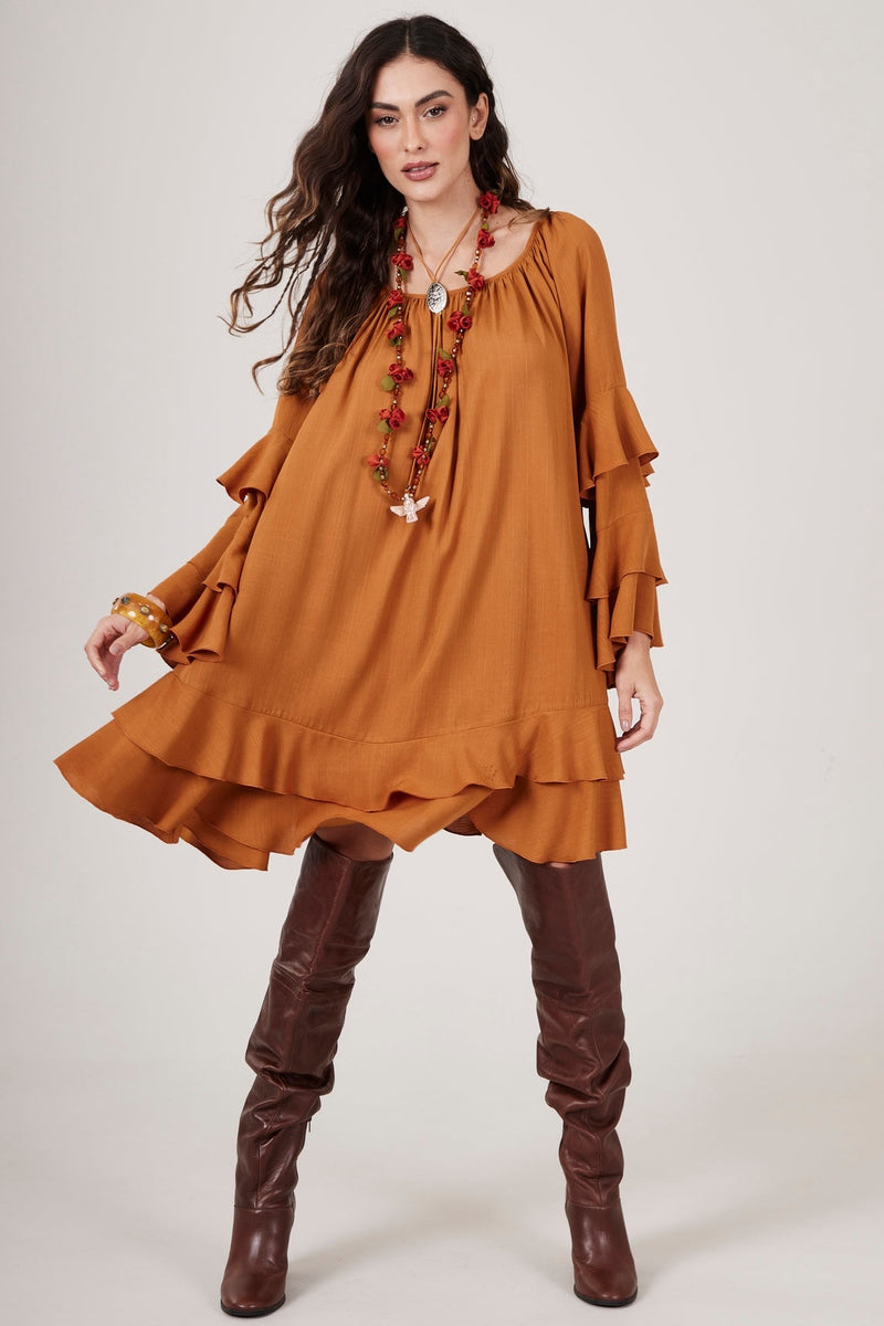 Vestido Curto Decote Ombro A Ombro Caramelo Yacamim D11