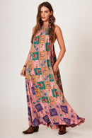 Vestido Longo Amplo Rosa Estampa Geométrica Yacamim E8