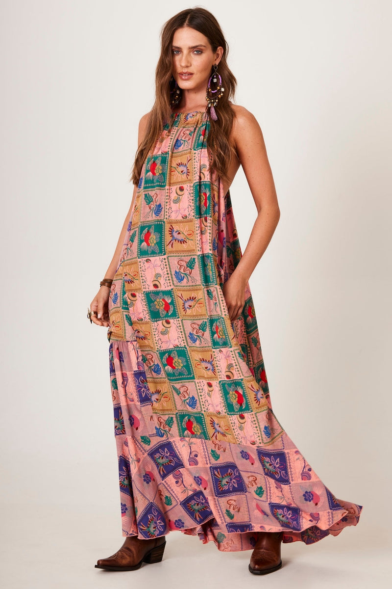 Vestido Longo Amplo Rosa Estampa Geométrica Yacamim E8