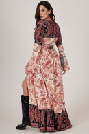 Vestido Longo Transpassado Bege E Preto Cashmere Patchwork Yacamim C17