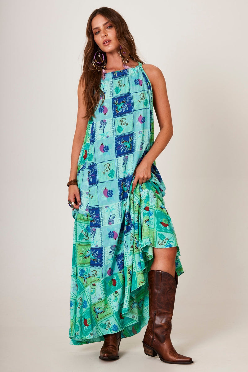 Vestido Longo Amplo Verde Patchwork Estampa Geométrica Yacamim D13