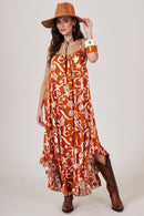 Vestido Longo Com Alças Reguláveis Laranja Estampado Yacamim C2