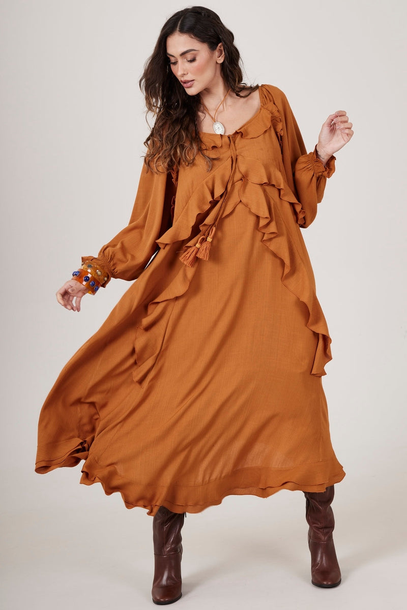 Vestido Longo Ombro A Ombro Caramelo Yacamim C14