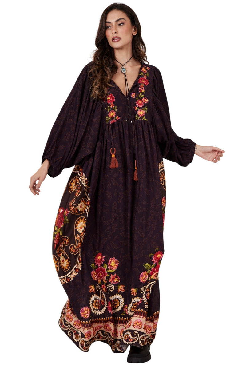 Vestido Longo Marrom Escuro Estampa Cashmere Yacamim E23