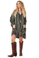 Vestido Curto Com Mangas Bufantes Verde Estampa Indiana Yacamim D2