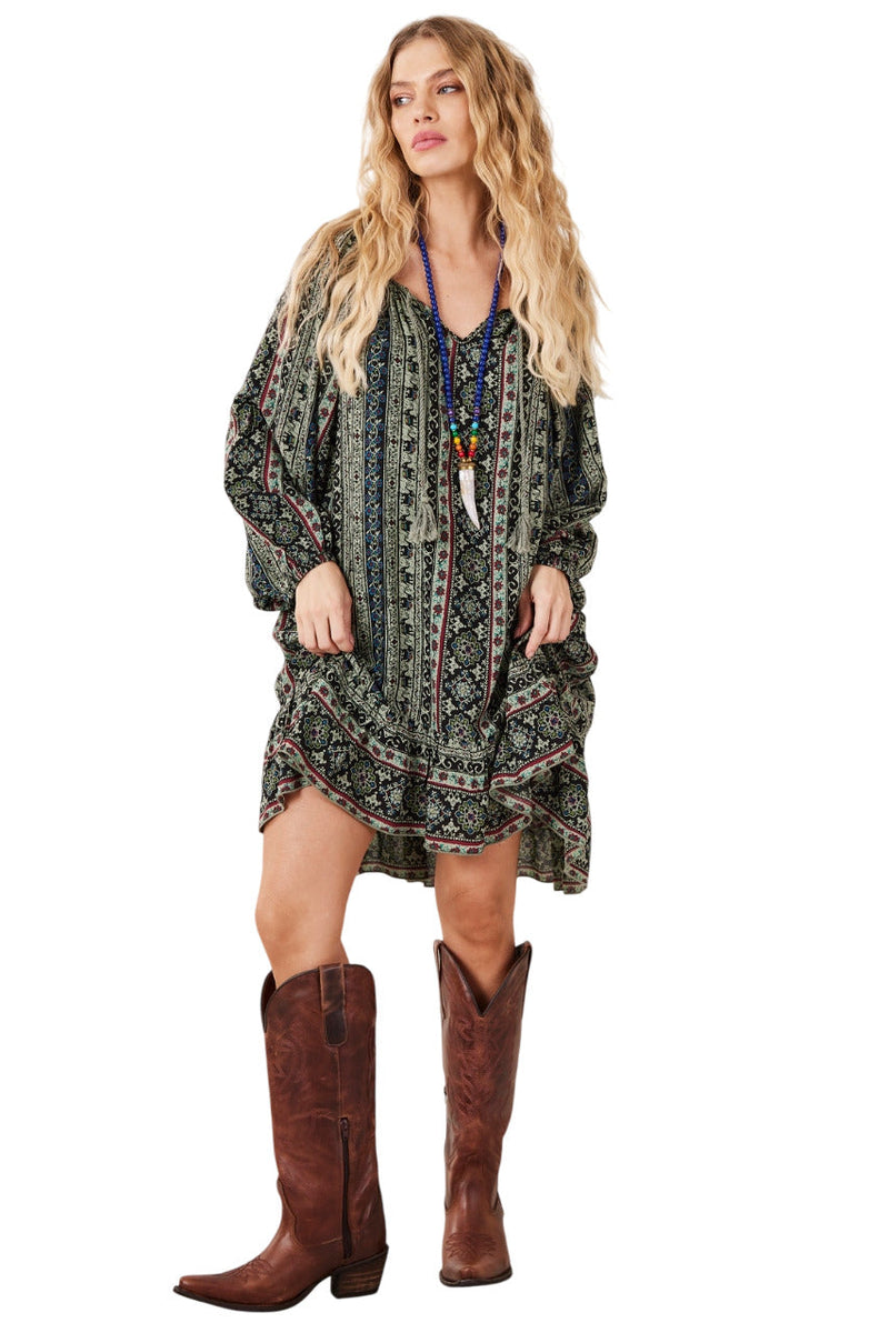 Vestido Curto Com Mangas Bufantes Verde Estampa Indiana Yacamim D2