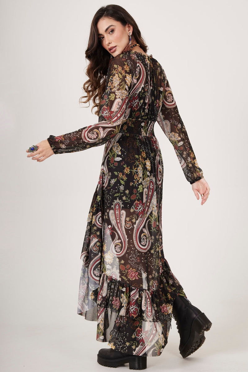 Vestido Mullet De Tule Preto Estampa Cashmere Yacamim E5