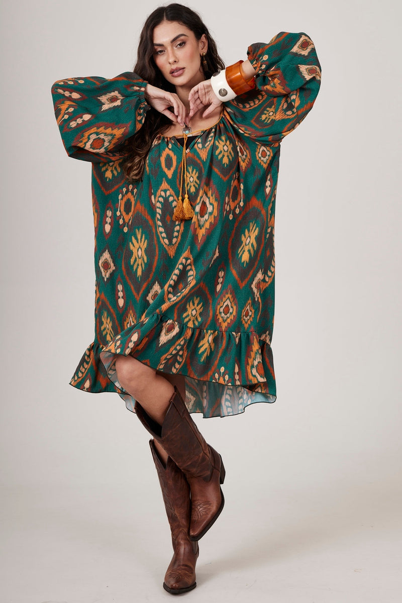 Vestido Curto Verde Escuro Estampado Yacamim D14