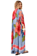 Vestido Longo Decote Ombro A Ombro Azul Estampa Arara Yacamim D27