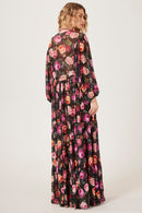 Vestido De Tule Longo Preto Estampa Floral Yacamim D15