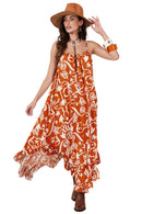 Vestido Longo Com Alças Reguláveis Laranja Estampado Yacamim C2