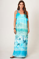 Vestido Longo Com Alças De Amarrar Azul Claro Estampa Tropical Yacamim D25