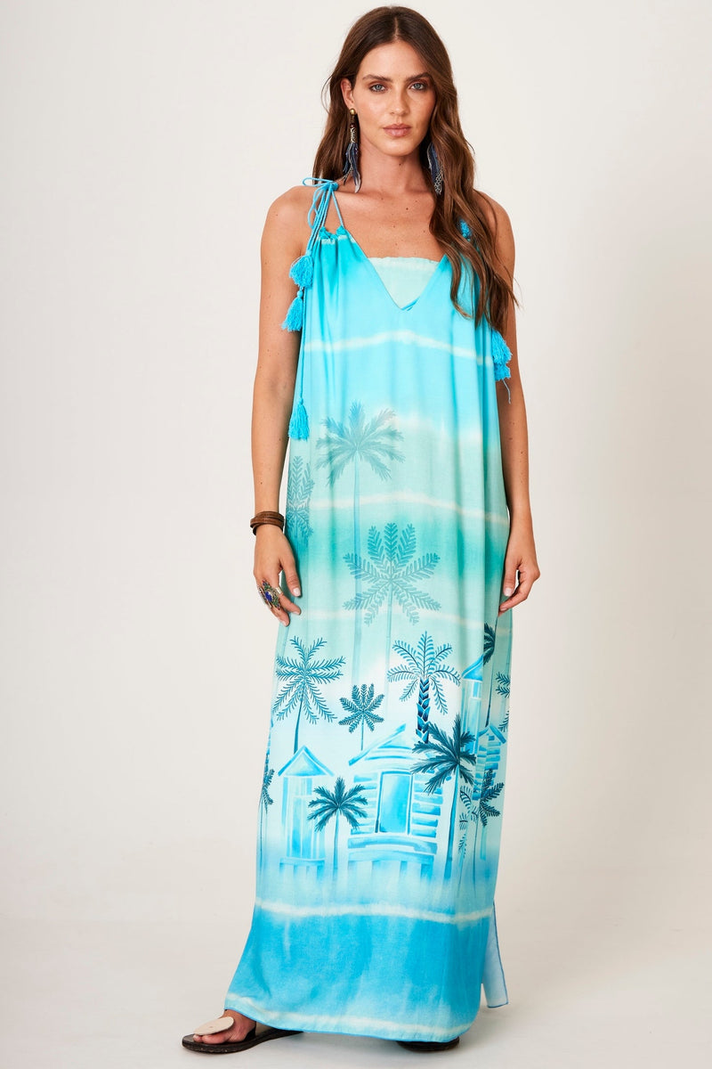 Vestido Longo Com Alças De Amarrar Azul Claro Estampa Tropical Yacamim D25