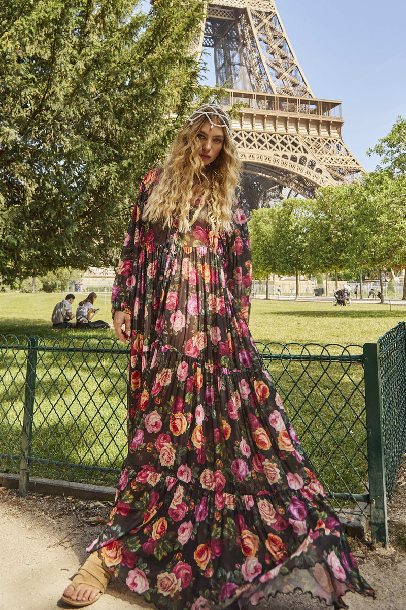 Vestido De Tule Longo Preto Estampa Floral Yacamim D15