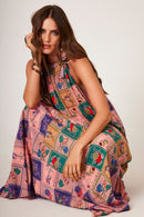 Vestido Longo Amplo Rosa Estampa Geométrica Yacamim E8