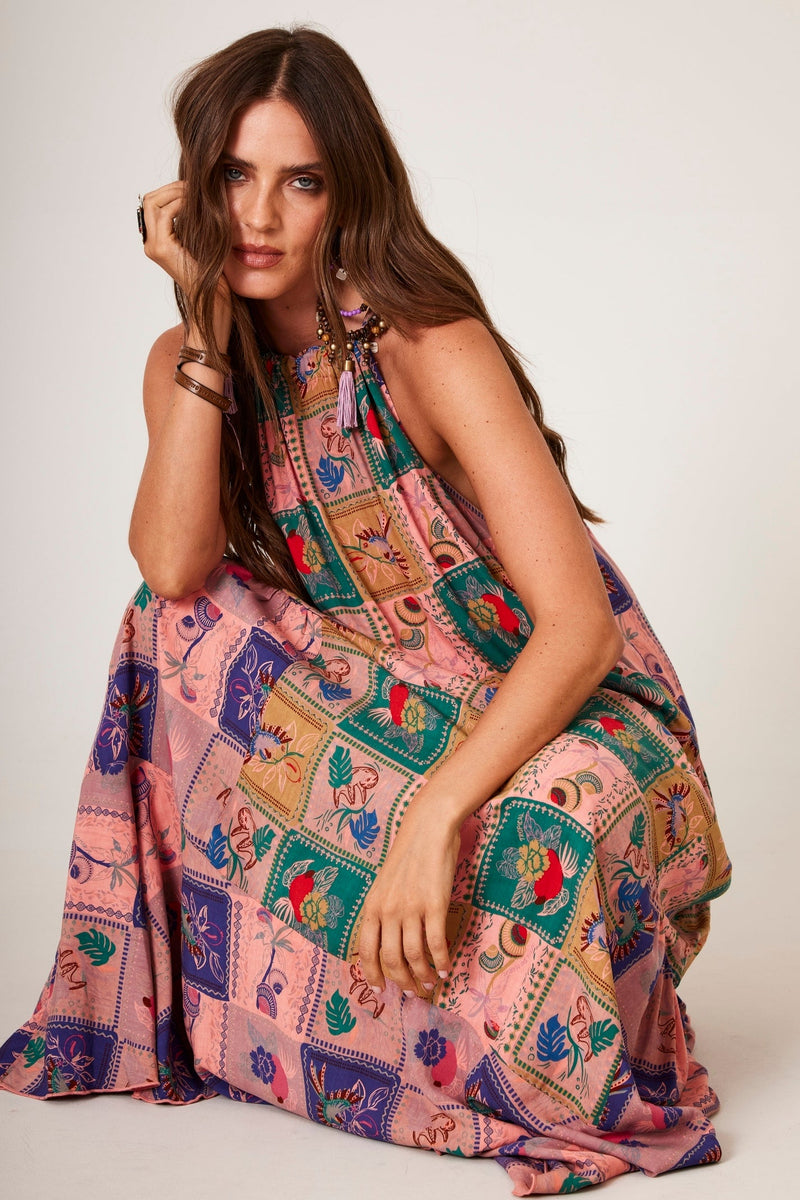 Vestido Longo Amplo Rosa Estampa Geométrica Yacamim E8