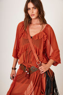 Vestido Longo De Tule Com Babados Terracota Yacamim D3