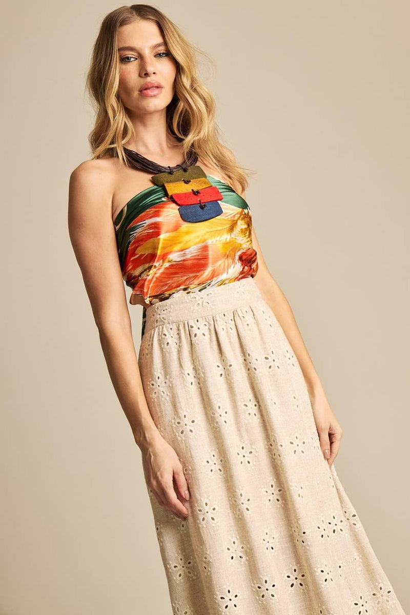 Saia Longa De Linho Evasê Bege Bordada Yacamim I8