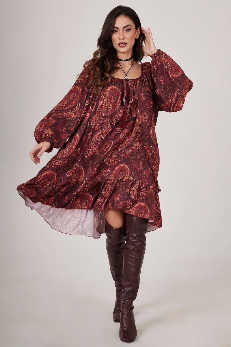 Vestido Curto Bordô Estampa Cashmere Yacamim D18