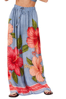 Calça Pantalona Azul Estampa Floral Yacamim A34