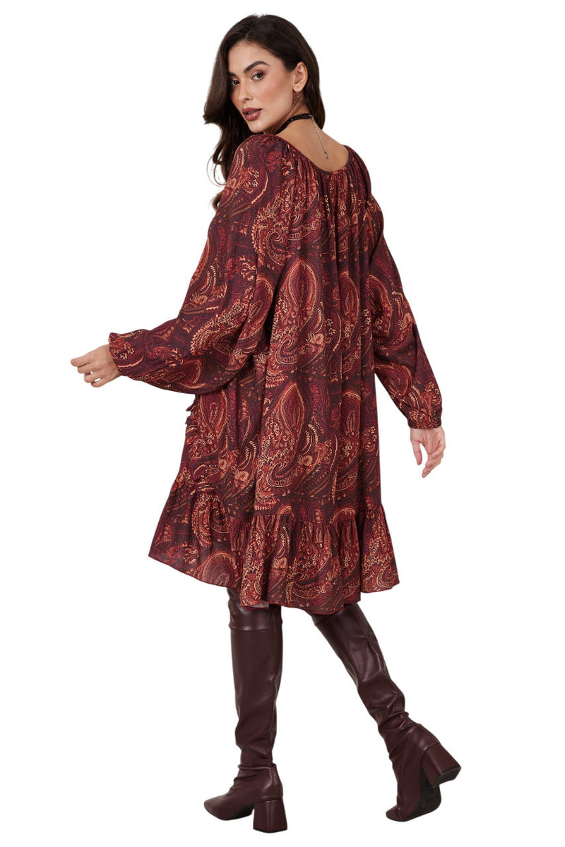 Vestido Curto Bordô Estampa Cashmere Yacamim D18