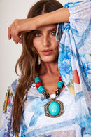 Vestido Longo De Tule Azul  Estampado Yacamim D12