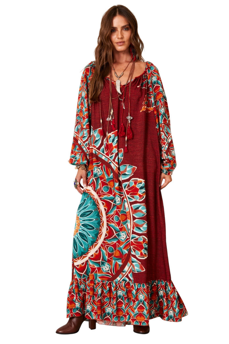 Vestido Longo Terracota Estampa De Mandalas Yacamim E2