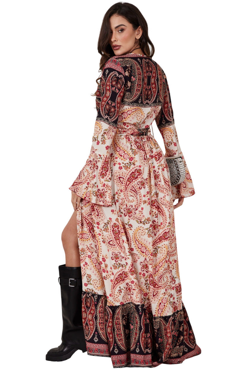 Vestido Longo Transpassado Bege E Preto Cashmere Patchwork Yacamim C17