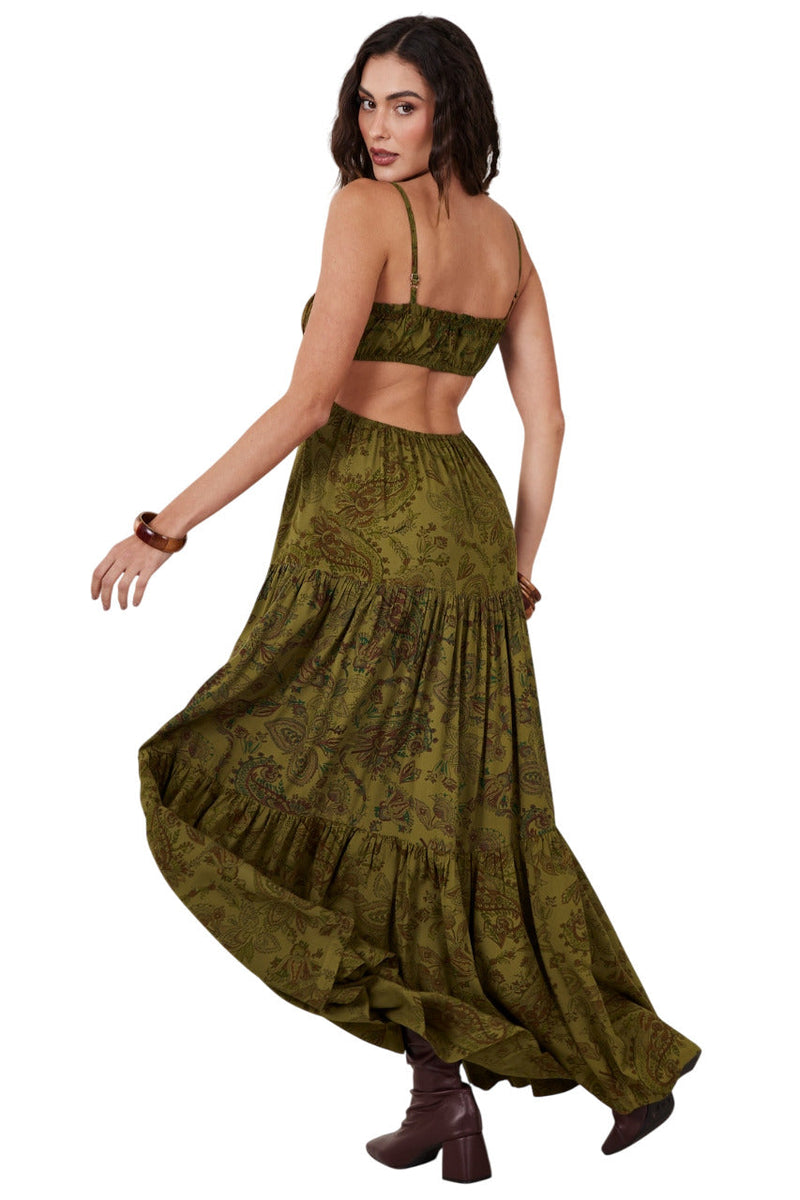 Vestido Longo De Alças Verde Musgo Estampa cashmere Yacamim C15