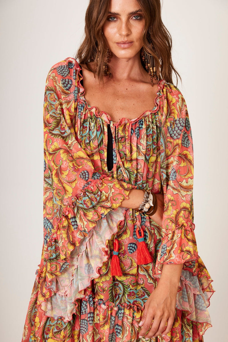 Vestido Curto De Tule Ciganinha Salmão Yacamim D24