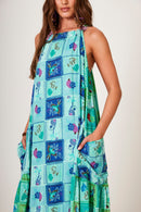 Vestido Longo Amplo Verde Patchwork Estampa Geométrica Yacamim D13