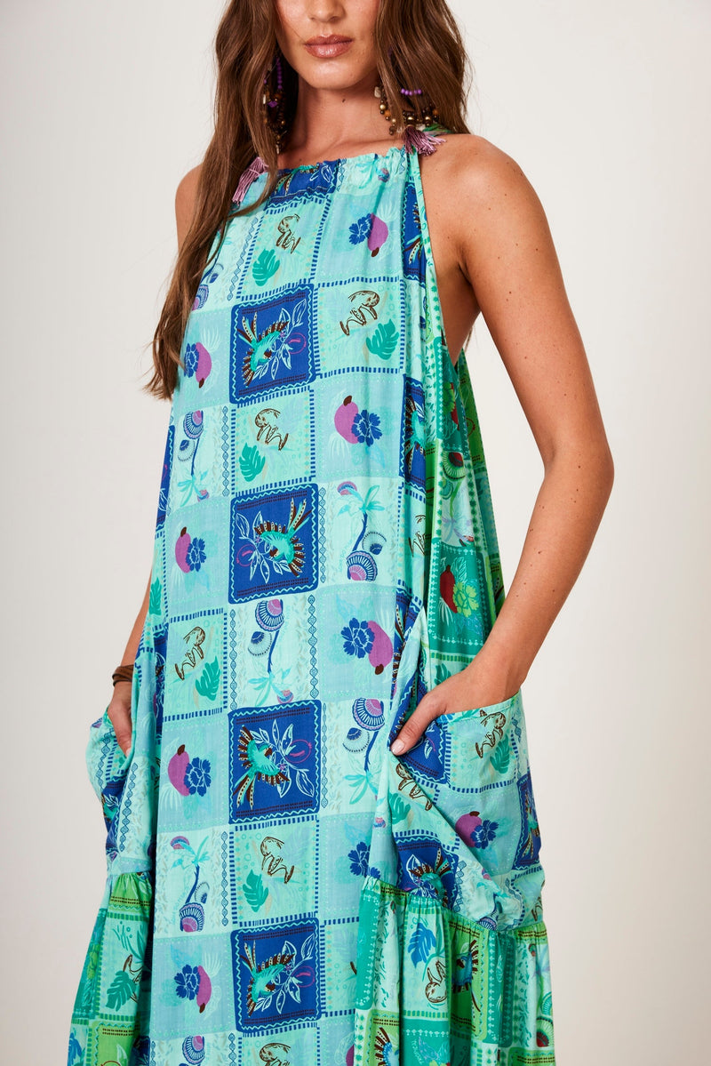 Vestido Longo Amplo Verde Patchwork Estampa Geométrica Yacamim D13