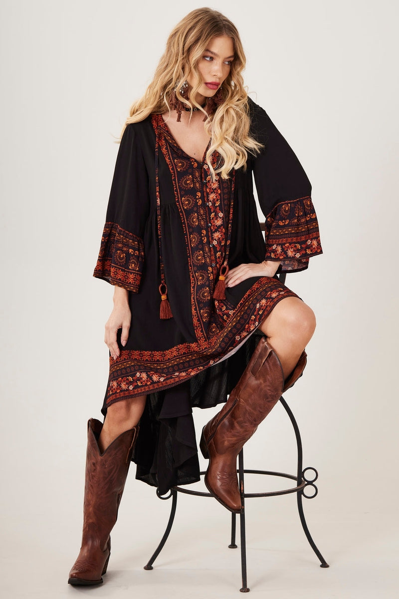 Vestido Mullet Mangas 3/8 Preto Estampado Yacamim D27