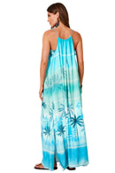 Vestido Longo Com Alças De Amarrar Azul Claro Estampa Tropical Yacamim D25