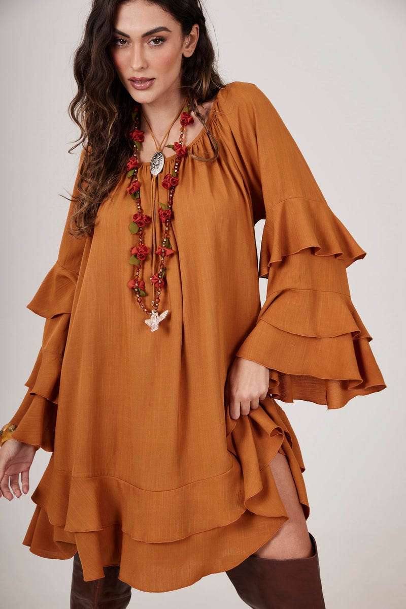 Vestido Curto Decote Ombro A Ombro Caramelo Yacamim D11