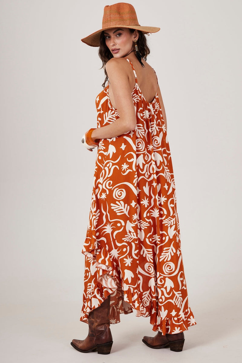 Vestido Longo Com Alças Reguláveis Laranja Estampado Yacamim C2