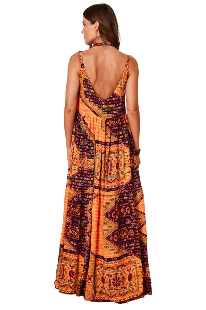 Vestido Longo De Alças Largas Laranja Estampa Geométrica Yacamim E1