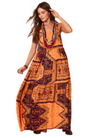 Vestido Longo De Alças Largas Laranja Estampa Geométrica Yacamim E1