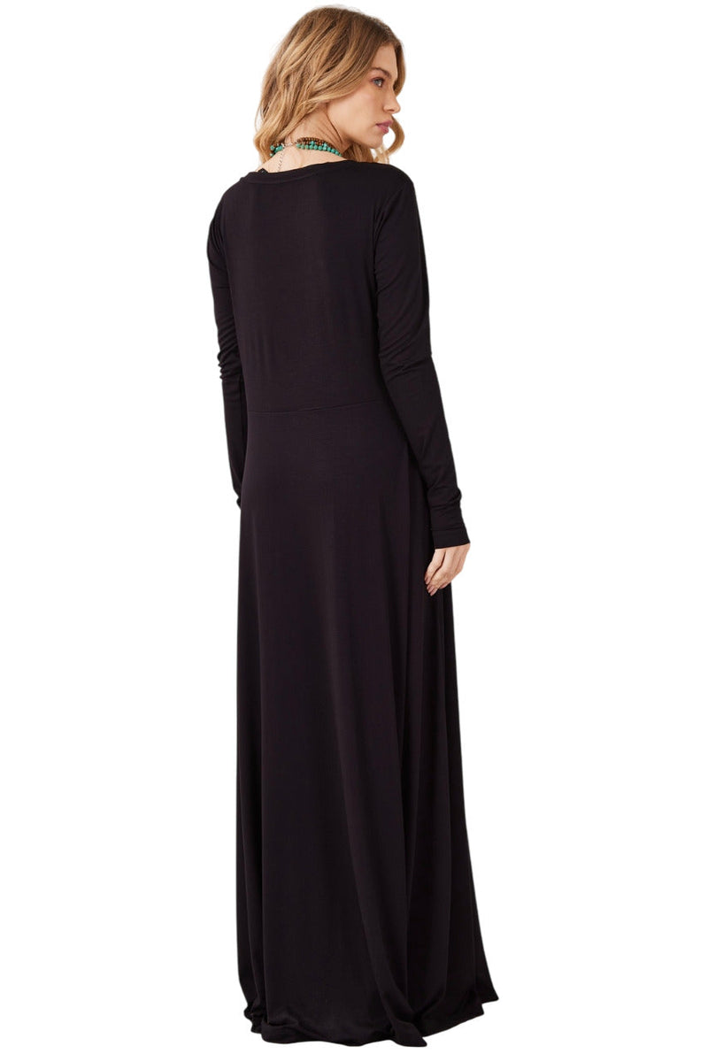 Vestido Longo Com Mangas Justas Preto Yacamim D6