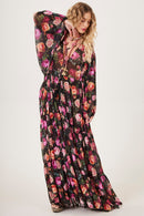 Vestido De Tule Longo Preto Estampa Floral Yacamim D15