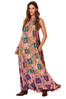 Vestido Longo Amplo Rosa Estampa Geométrica Yacamim E8