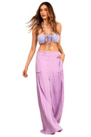 Calça Pantalona Com Detalhes De Pregas Lilás Yacamim G3