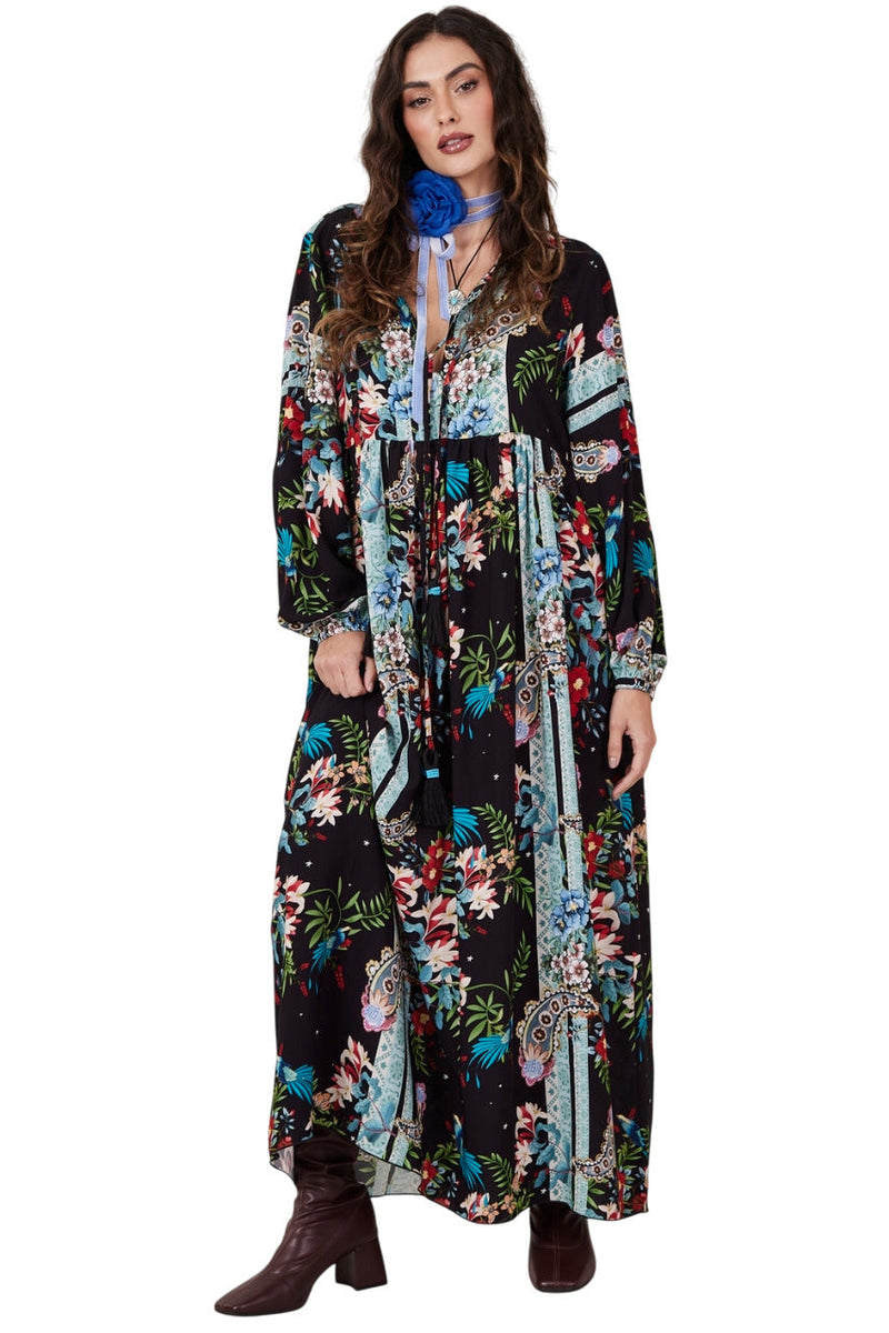 Vestido Longo Preto Estampa Cashmere Yacamim D1