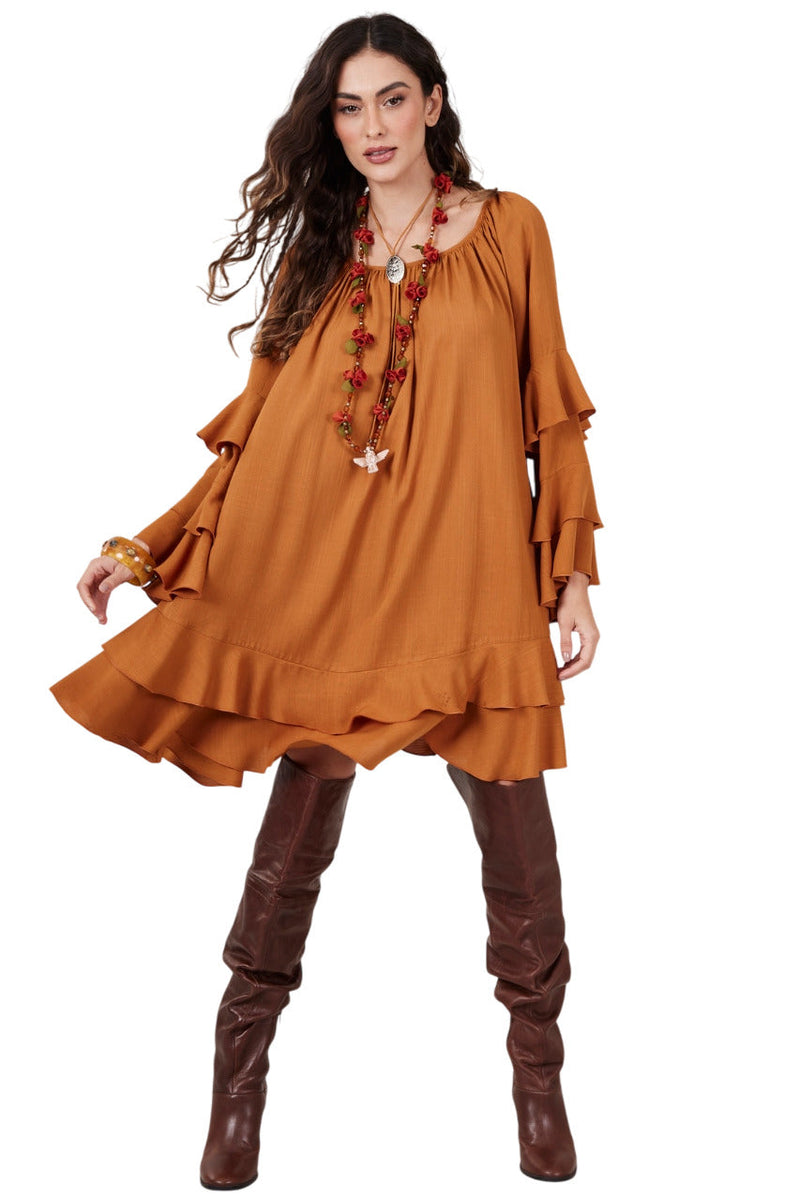 Vestido Curto Decote Ombro A Ombro Caramelo Yacamim D11