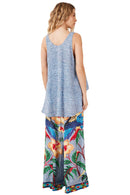 Calça Pantalona Bolsos Atrás Azul Estampa Araras Yacamim A9