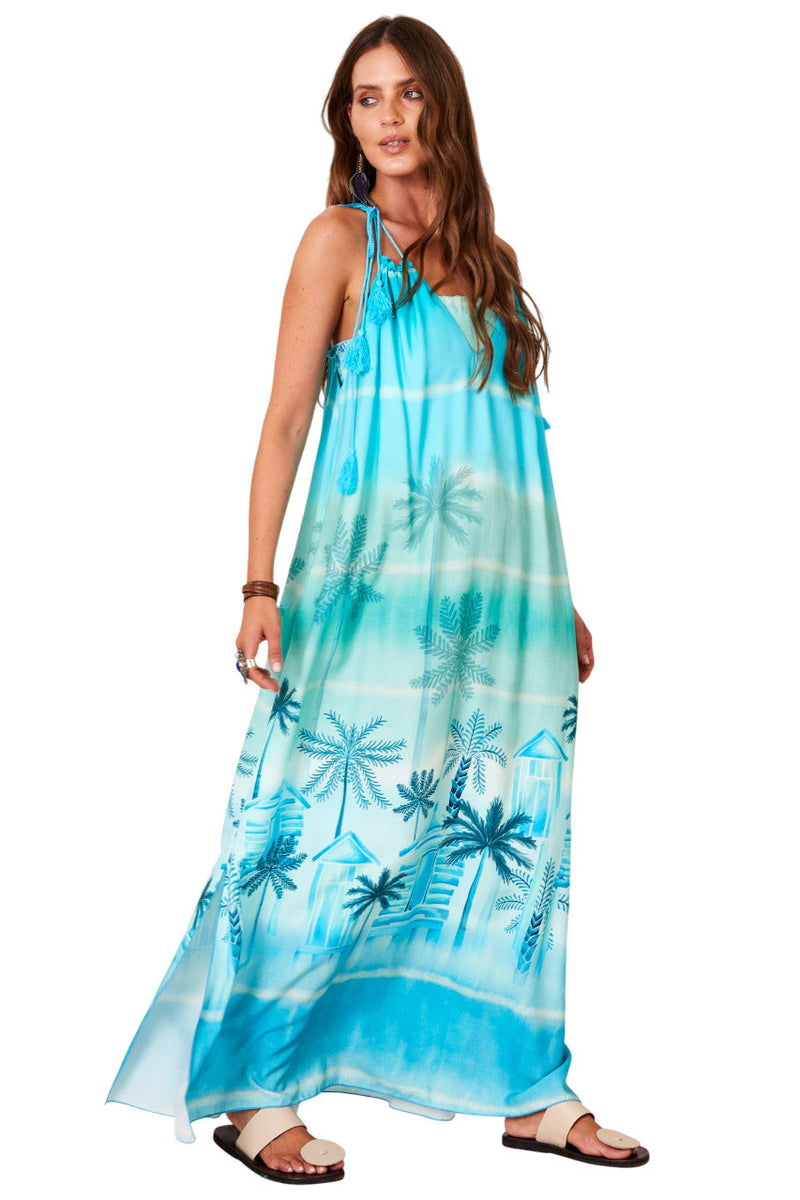 Vestido Longo Com Alças De Amarrar Azul Claro Estampa Tropical Yacamim D25