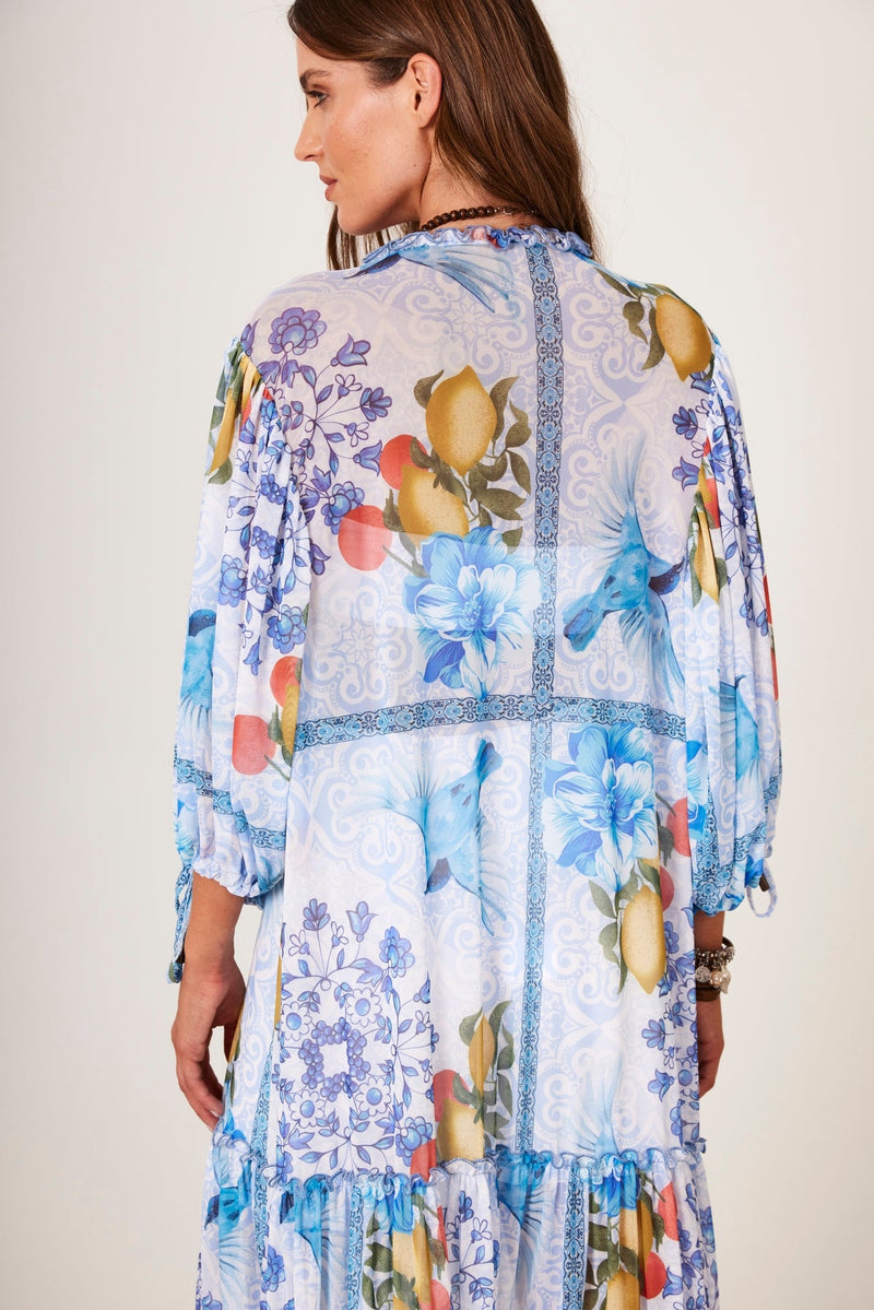 Vestido Longo De Tule Azul  Estampado Yacamim D12