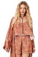 Conjunto Cropped E Shorts Marrom Claro Estampado Yacamim A9